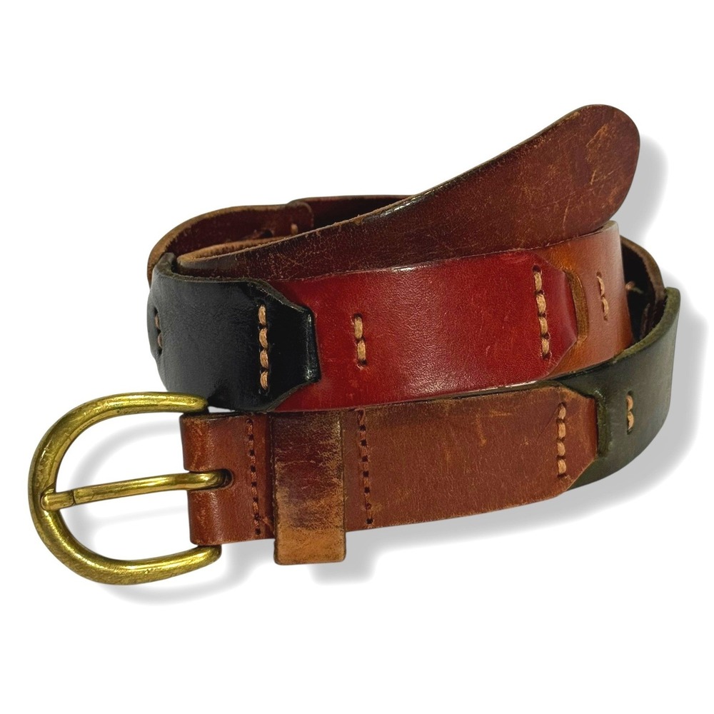 Vintage Fossil Belt Patchwork Earth Tones Brown Red Green Leather Size Small